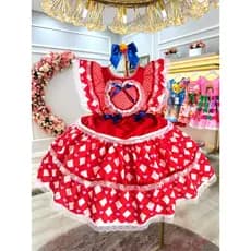 Vestido Infantil Junino Caipira Vermelho C/ Desenho Corações