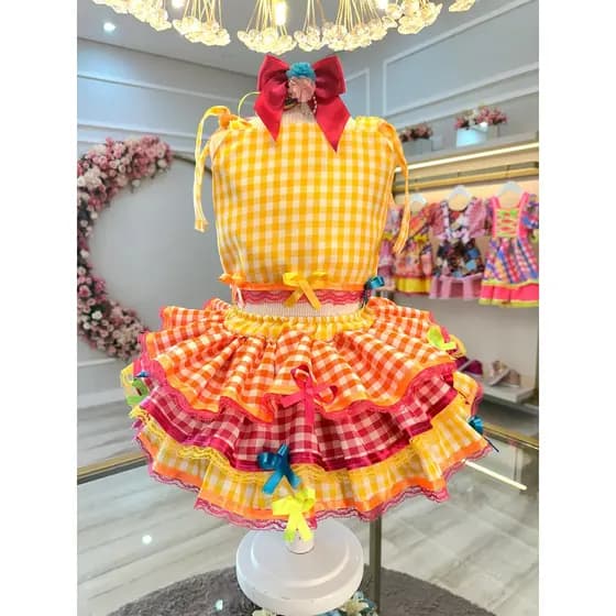 Conjunto Meninas Junino Cropped  Saia Amarelo Xadrez Colorido Junina Juvenil