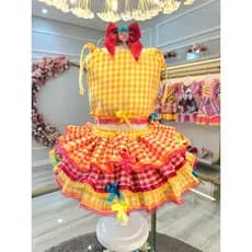 Conjunto Meninas Junino Cropped  Saia Amarelo Xadrez Colorido Junina Juvenil