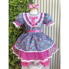 Vestido Infantil Junino Festas Azul Florido e Brilho