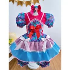 Fantasia Infantil Junino Pink e Azul Com Flores Coloridas