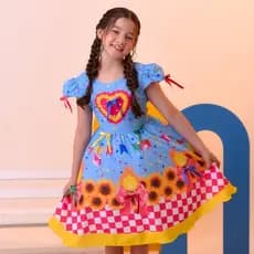 Vestido Infantil Junino Luxo Azul Girassol Colorido