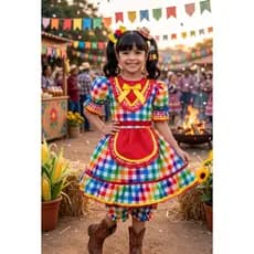 Vestido Infantil Junino Caipira Festas Xadrez Vermelho Colorido Acompanha Calção Menina Junina