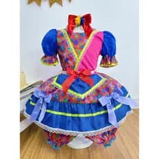 Fantasia Infantil Junino Vermelho e Rosa Com Flores Coloridas