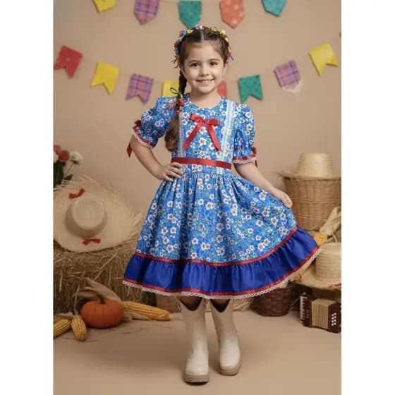 Vestido Infantil Junino Arraiá Azul Flores Arraial Menina Caipira Babado