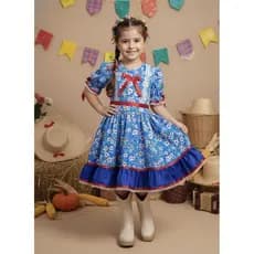 Vestido Infantil Junino Arraiá Azul Flores Arraial Menina Caipira Babado