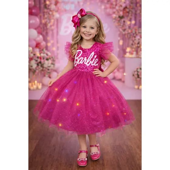 Vestido infantil Barbie Pink Saia Leds Aniversário Luxo Tematico