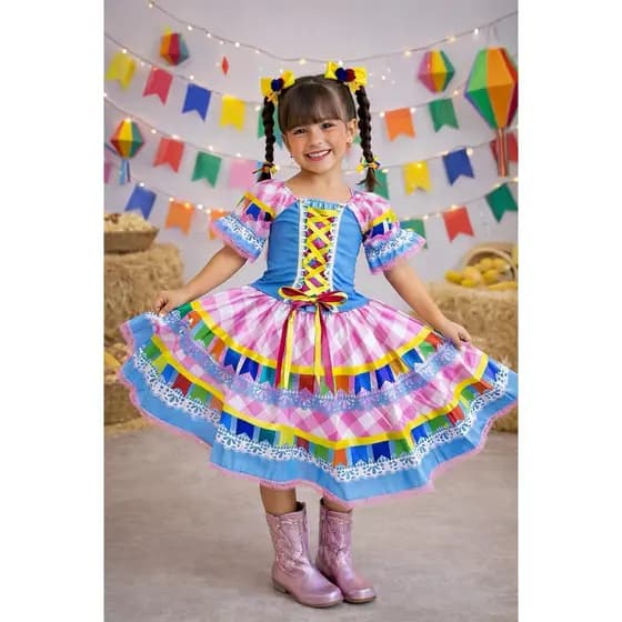 Vestido Infantil Junino Caipira Azul Saia Xadrez Colorido Festas