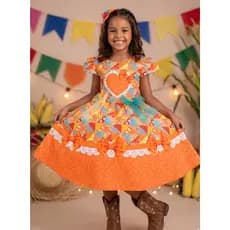 Vestido Infantil Junino Caipira São João Colorido Laranja Menina Junina Luxo Coração
