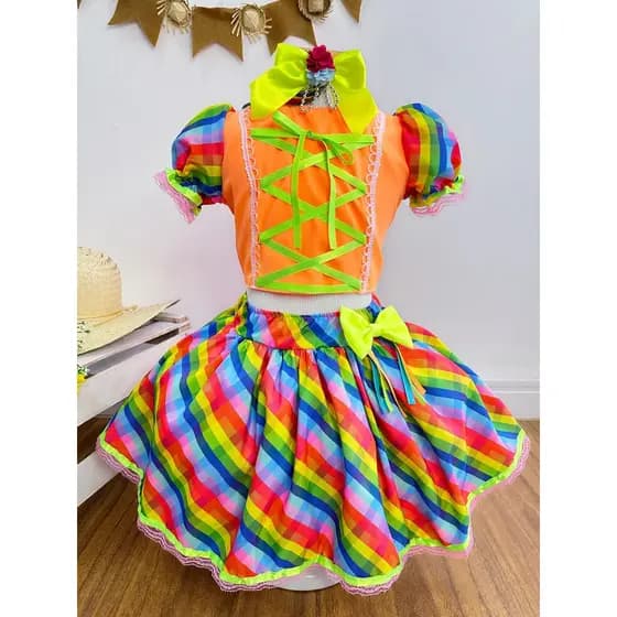 Conjunto Meninas Junino Cropped Laranja Neon Com Saia Colorida