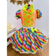 Conjunto Meninas Junino Cropped Laranja Neon Com Saia Colorida