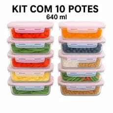 Conjunto 10 Potes Vidro Hermético Travas  Mantimentos Marmita 640ml  Microondas