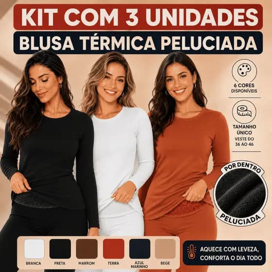 Kit 3 Blusas Térmicas Femininas Peluciadas Manga Longa Frio Inverno Segunda Pele Quentinha