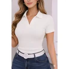 Blusa Polo Feminina Decote V Ajustada Canelada Tendência Moda do P ao G