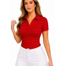 Blusa Feminina Manga Curta Ribana com Listras Verticais Modernas