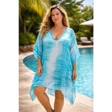 Saída de Praia plus size kaftan, canga praia tamanho grande cetim tie-dai.