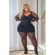 Meia Calça Translucida Plus Size preta com feito Bronze ao vestir do Tam 46 ao 68