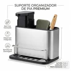 Escorredor Dispenser Detergente Suporte Inox PortaTalhares Esponja Bucha Detergente Pia Cozinha