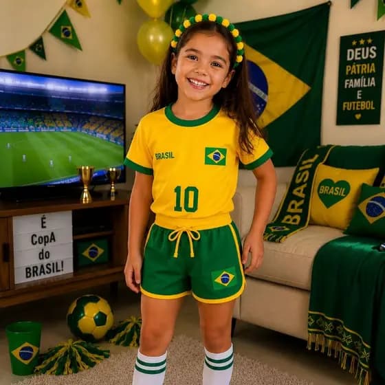 Conjunto Infantil Laço Bico De Pato Tiara Short Brasil Copa Seleção Delicado Torcedor