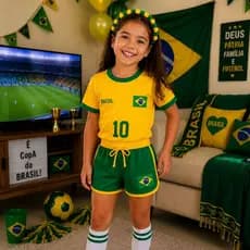 Conjunto Infantil Laço Bico De Pato Tiara Short Brasil Copa Seleção Delicado Torcedor