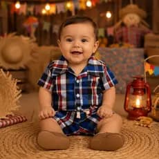 Conjunto Xadrez Bebê Festa Junina Camisa Short Botão Estiloso Confortável