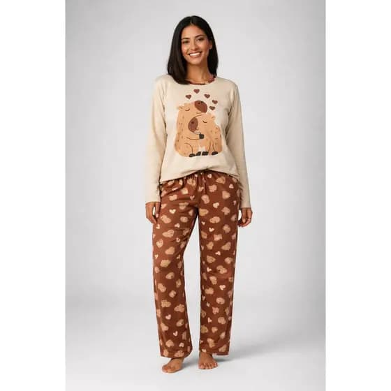 Pijama Feminino Capivaras Inverno Confortável Manga Longa Suede Conjunto Quentinho Roupa de Dormir Frio