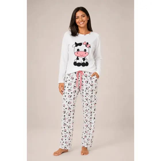 Pijama Feminino Vaquinha Inverno Confortável Manga Longa Suede Conjunto Quentinho Roupa de Dormir Frio