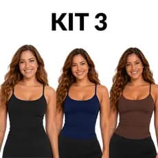 Kit 3 Regatas Alça Fina Feminina Poliamida Forro Duplo Slim