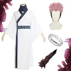 Peruca de Cosplay Anime Jujutsu Kaisen Ryomen Sukuna para Homens e Mulheres Adultos, Anel de Dedo, Kimono, Uniforme Hanf