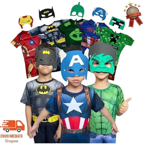 Fantasia Infantil Masculina Herói com Máscara Roupa Curta para Festa e Brincar