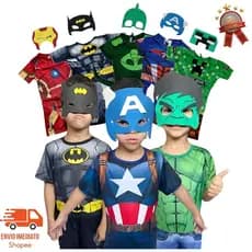 Fantasia Infantil Masculina Herói com Máscara Roupa Curta para Festa e Brincar