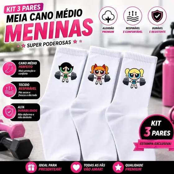Kit 6 Meias Treinos Academia Meninas Super Poderosas