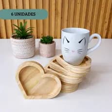 Kit 06 Pires Madeira Pinus Coração Para Xícara Café Chá Porta Copos Caneca Mesa Posta Cantinho do café