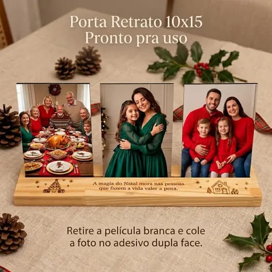 Porta Retrato Natalino Pinus 3 Fotos Decoração de Natal Lembrancinha De Natal Porta Retrato Natalino
