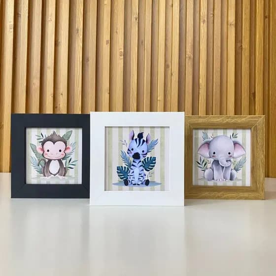 Quadro Decorativo 3 Peças Animais Safari Baby Quarto Infantil Quadro de Decoração 3 Peças Quadros DecoratIvos Sarafi