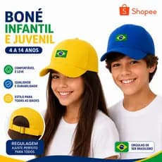 Boné Brasil Infantil Juvenil Bandeirinha de 4 a 14 Anos Aba Curva com Regulagem Fitão Bordado