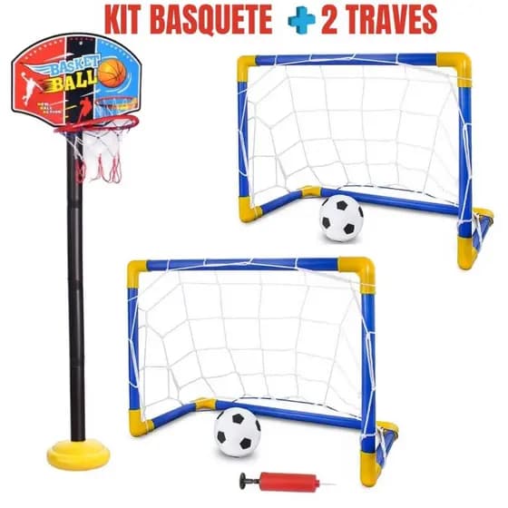 2 Futebol Golzinho 2 Mini Trave + Basquete Infantil Completo Tabela Cesta E Bola