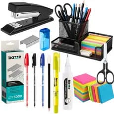 Kit Escritório Organizador Completo Grampeador + Grampo Blocos De Notas Tesoura Corretivo Caneta Marca-Texto