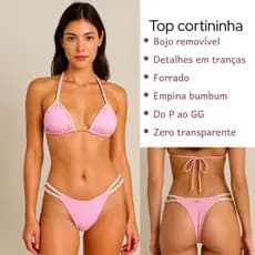 Conjunto Biquini Cortininha Calcinha Levanta Bumbum Detalhe Em Trança Com Bojo Removível Zero Transparencia Moda Praia