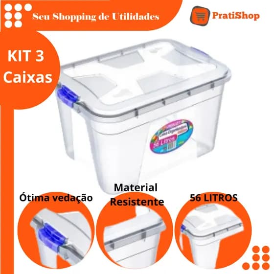 Kit 3 Caixas Organizadora 56 Litros Com Tampa e Travas Transparente Multiuso Armazenamentos