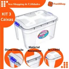 Kit 3 Caixas Organizadora 56 Litros Com Tampa e Travas Transparente Multiuso Armazenamentos