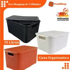 Caixa Organizadora Cesto com Tampa 15 Litros Cesto organizador preto branco terracota