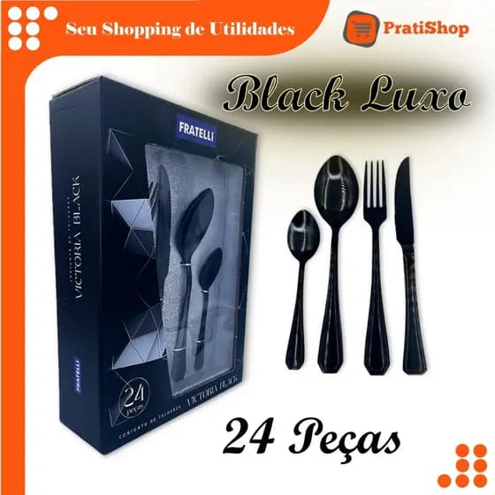 Faqueiro Conjunto Talheres Luxo Black aço inox Sunshine Polido Clássico 24 Peças Inoxidável