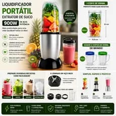 Liquidificador Portátil 900W Extrator de Sucos 950ml + 2 Copos 700ml Tritura Gelo 6 Lâminas Inox 110V/220V