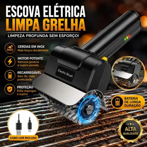 Escova Elétrica Limpa Churrasqueira Grill Grelha Cerdas Aço Inox Recarregável USB