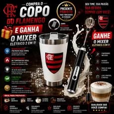 Copo Térmico Flamengo 473ml Aço Inox Parede Dupla Com Mixer Elétrico 2 em 1 Brinde