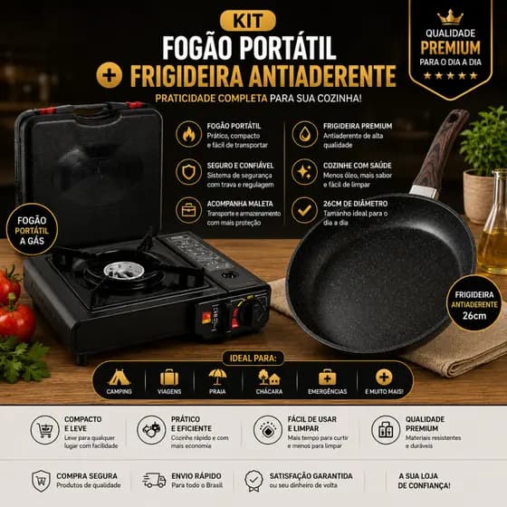 Fogão Portátil a Gás com Maleta e Frigideira Antiaderente 26cm Camping Viagem Churrasco Cozinha