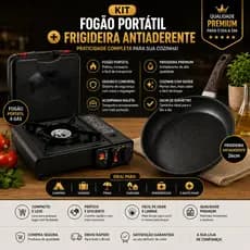 Fogão Portátil a Gás com Maleta e Frigideira Antiaderente 26cm Camping Viagem Churrasco Cozinha
