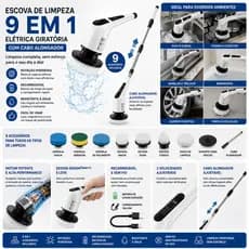 Kit Escova Elétrica de Limpeza Recarregável 9 em 1 Sem Fio com Cabo Extensor Rotação 360°