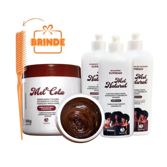 Mel Cola Modelador 500g + Shampoo Cond e Ativador de Cachos Mel natural + BRINDE (Pente 3 Fileiras)